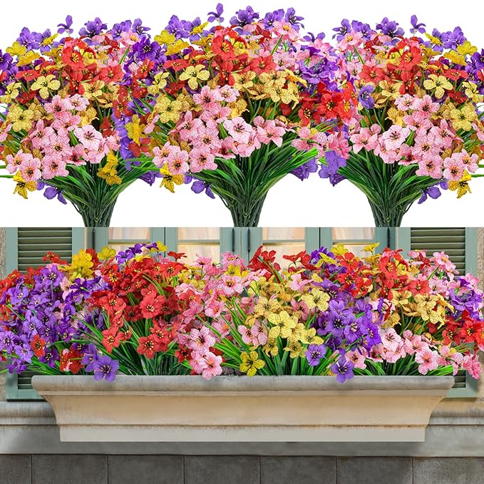 plastic outdoor plants and flowers 8 Bundles Artificial Flowers, UV Resistant Fake Outdoor Silk Flowers, – AreaDeco
