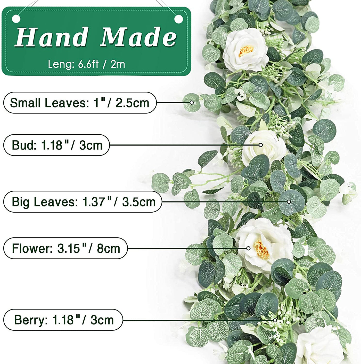 6.6 Feet Artificial Eucalyptus Garland with White Rose
