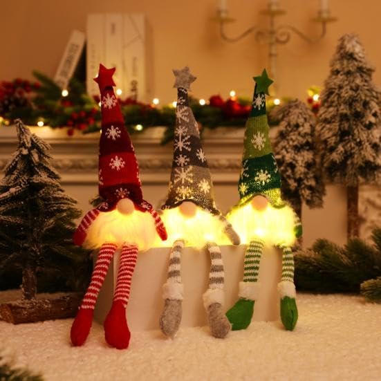 3Pcs Lighted Christmas Gnome Gift Plush Gnomes with Lights for for Christmas Tree Home Fireplace Table Decorations