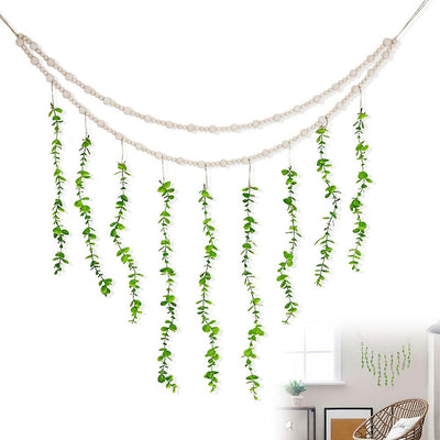 Boho Wall Decor Artificial Hanging Eucalyptus Wooden Beads Garland Eucalyptus Greenery Decoration for Bedroom Living Room Home Wedding