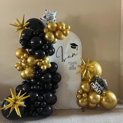 Black and Gold Balloons Garland Arch Kit with Stars 2025 Graduation New Year Anniversary Birthday Party Decorations