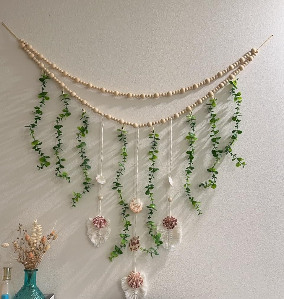 Boho Wall Decor Artificial Hanging Eucalyptus Wooden Beads Garland Eucalyptus Greenery Decoration for Bedroom Living Room Home Wedding