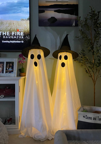 Halloween Decorations Outdoor Indoor 2pcs Spooky Ghost with Witch Hat Scary Ghosts Decor with LED Lights Halloween Decor for Yard Garden Lawn