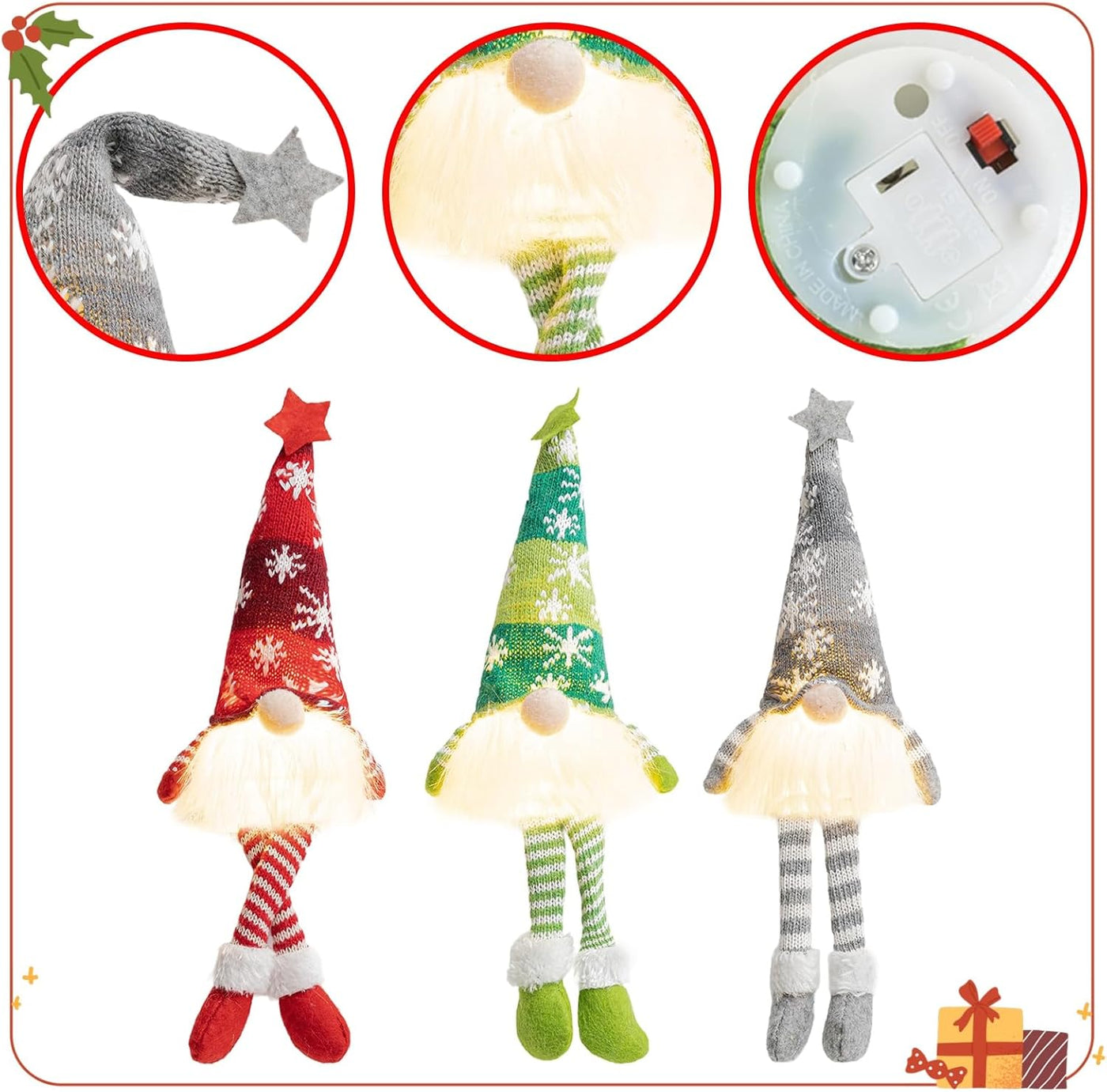 3Pcs Lighted Christmas Gnome Gift Plush Gnomes with Lights for for Christmas Tree Home Fireplace Table Decorations