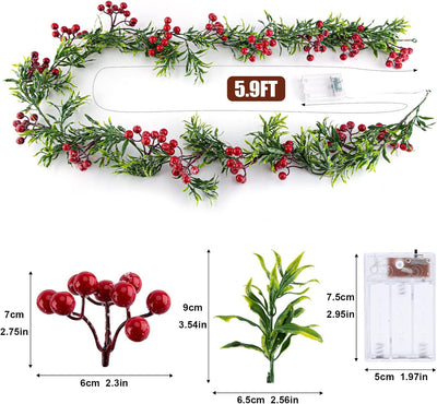 Christmas Garland with Lights 5.9Ft Christmas Garland with Red Berries Green Holly Leaves Pre Lit Garland for Indoor Xmas Decoration