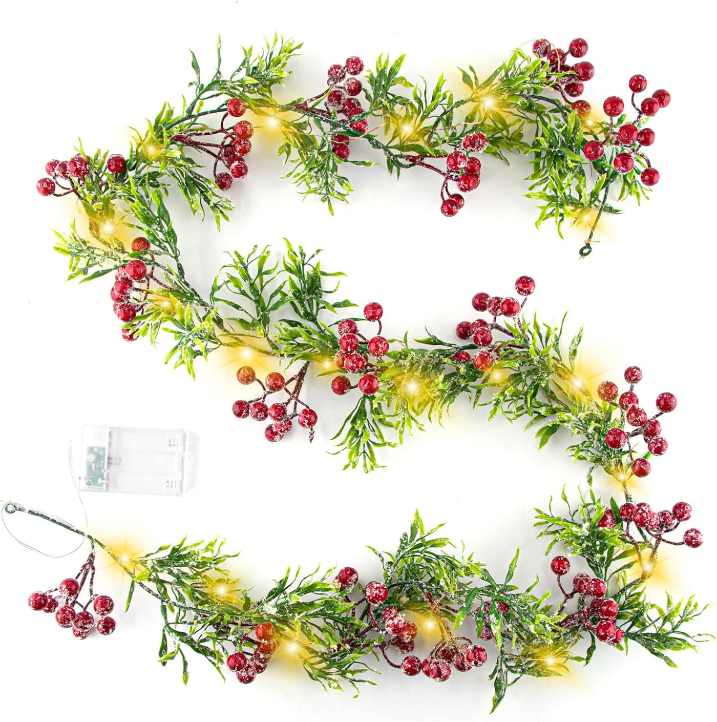 Christmas Garland with Lights 5.9Ft Christmas Garland with Red Berries Green Holly Leaves Pre Lit Garland for Indoor Xmas Decoration