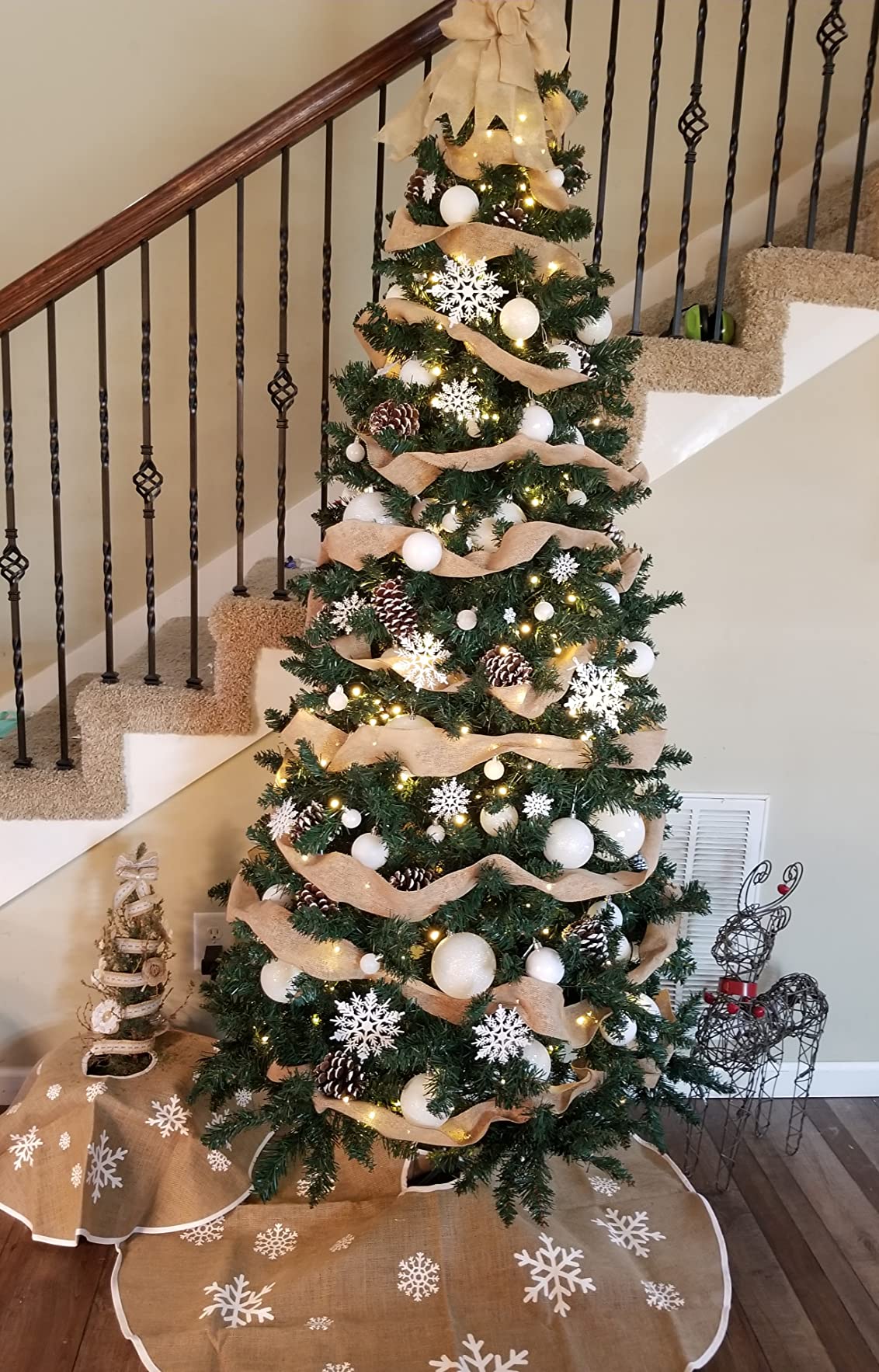 48 Inch Christmas Tree Skirt with Snowflakes Burlap Rustic Christmas Decor