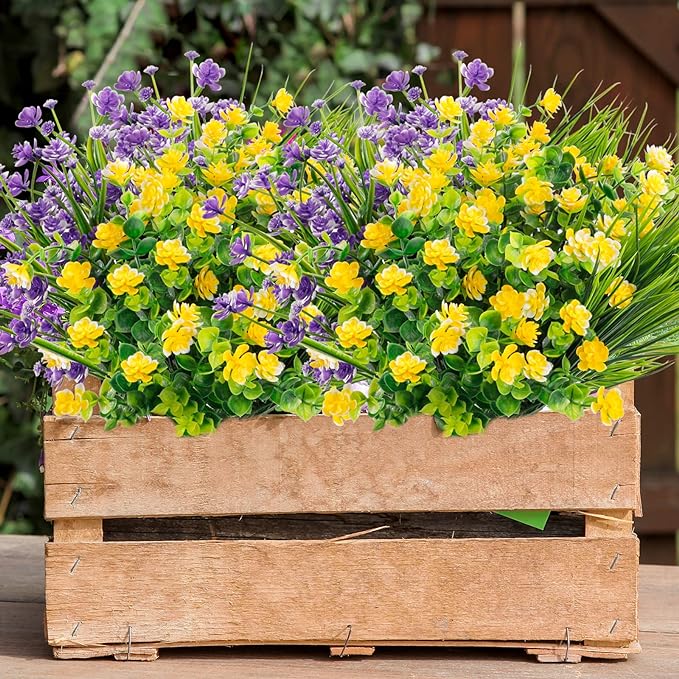 Artificial Flowers UV Resistant Faux Outdoor Flowers Fake Plastic Flowers for Hanging Planter Porch Window Garden Decoration Yellow Purple Green