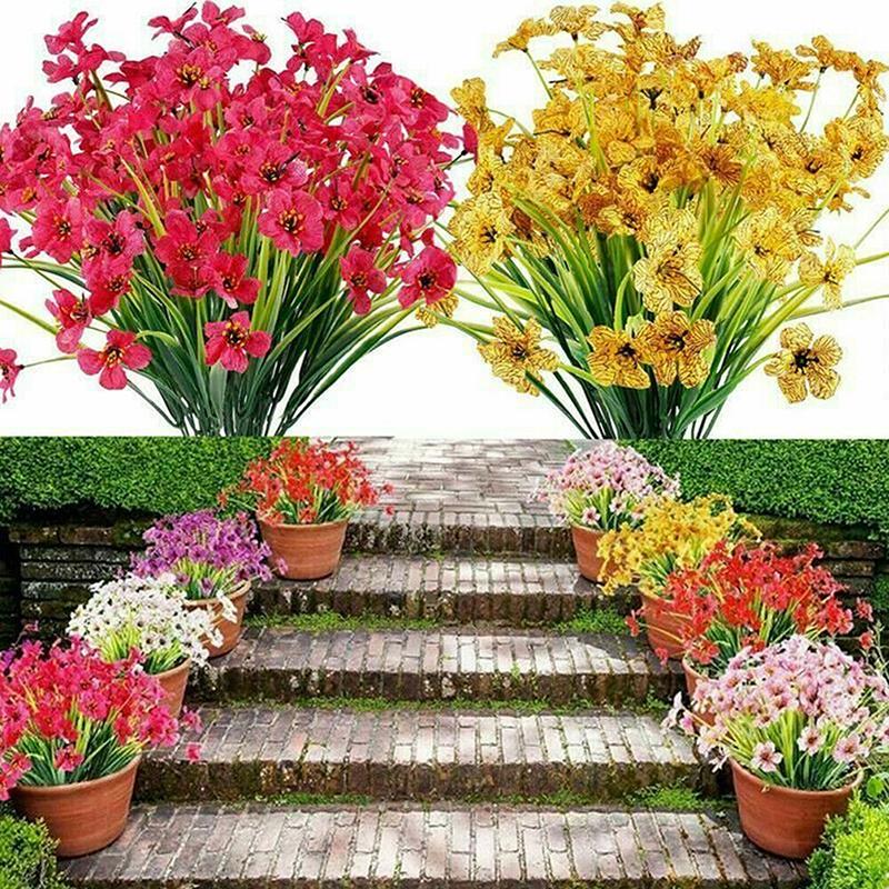 8 Bundles Artificial Flowers, UV Resistant Fake Outdoor Silk Flowers, Greenery Shrubs, Plastic Flower Faux Plants for Outside Indoor Decor