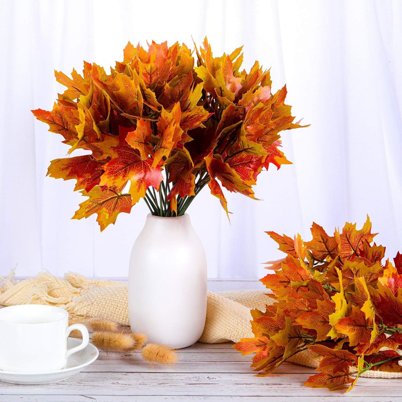 2pcs Artificial Maple Leaves Branches Fake Silk Fall Leaves Stems Fall Shrubs Bushes for Autumn Table Centerpieces