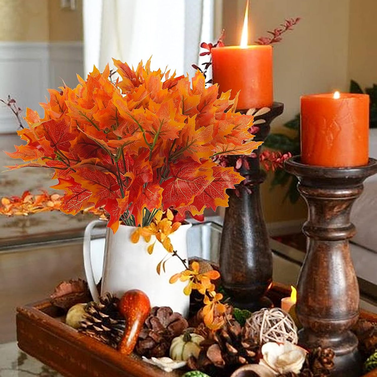 2pcs Artificial Maple Leaves Branches Fake Silk Fall Leaves Stems Fall Shrubs Bushes for Autumn Table Centerpieces