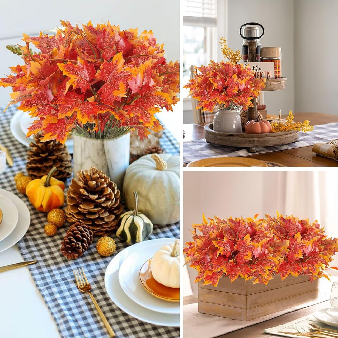 2pcs Artificial Maple Leaves Branches Fake Silk Fall Leaves Stems Fall Shrubs Bushes for Autumn Table Centerpieces