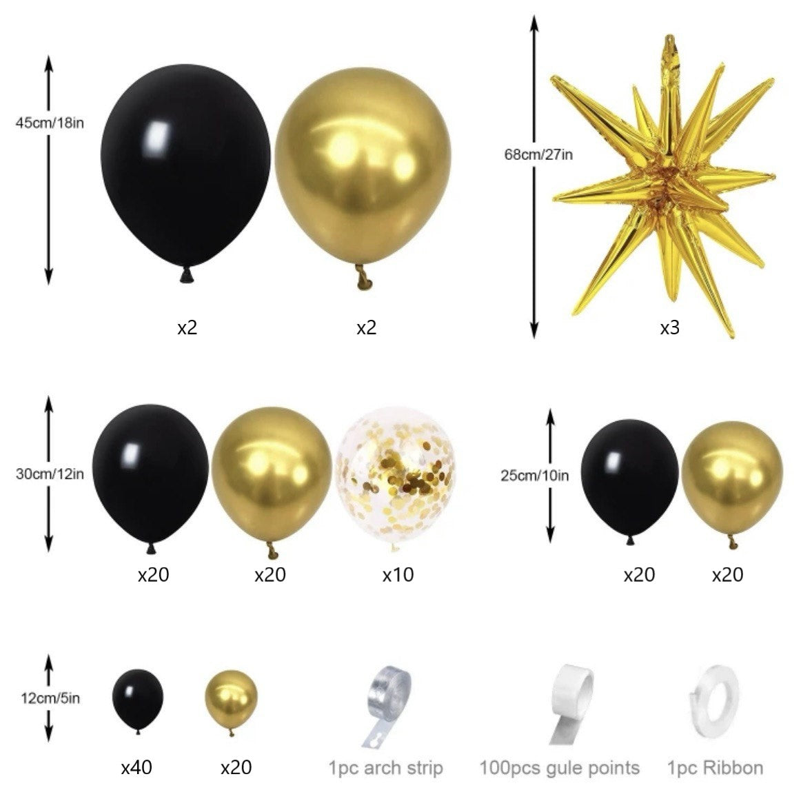 Black and Gold Balloons Garland Arch Kit with Stars 2025 Graduation New Year Anniversary Birthday Party Decorations