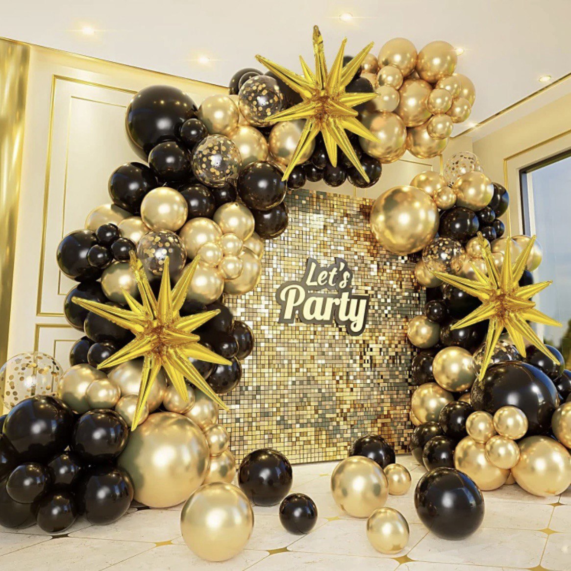 Black and Gold Balloons Garland Arch Kit with Stars 2025 Graduation New Year Anniversary Birthday Party Decorations