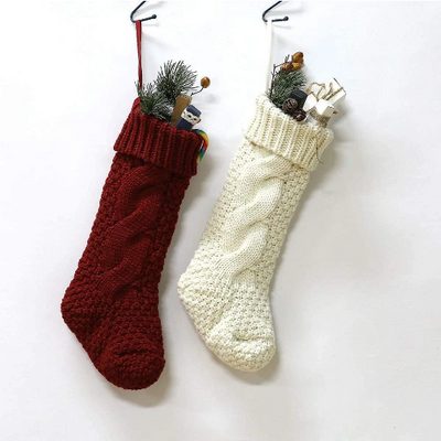 2pcs Knit Christmas Stockings Burgundy & Ivory