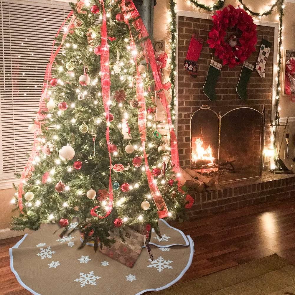 48 Inch Christmas Tree Skirt with Snowflakes Burlap Rustic Christmas Decor