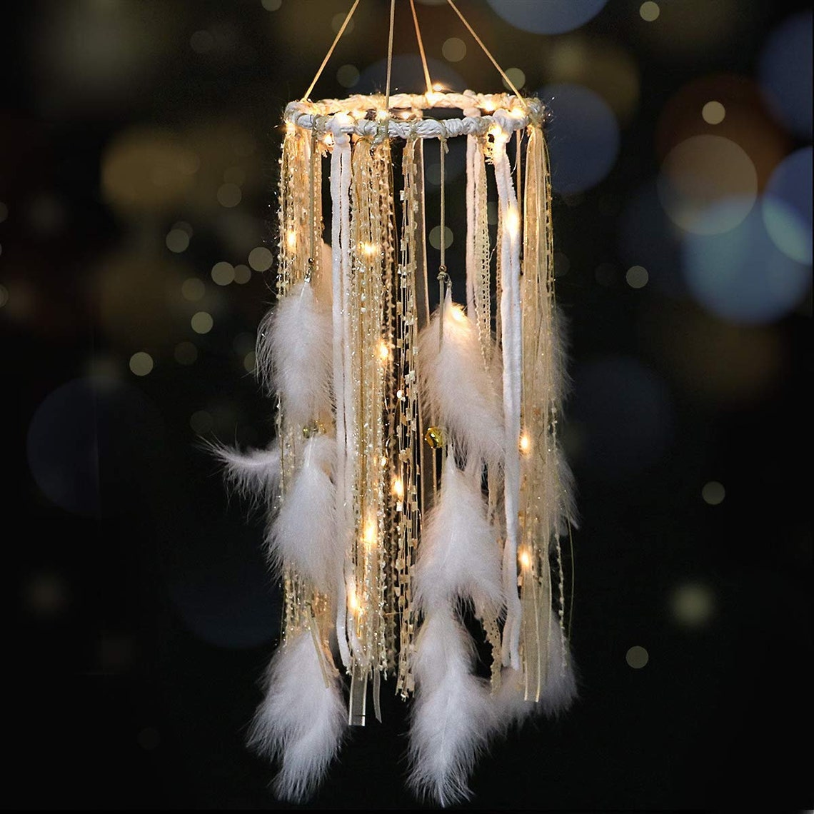 Dream Catcher Mobile/ Light Up Dream Catcher with Golden Lace & Bells/ Hanging Ornaments Feathers Wedding Boho Decorations Nursery Decor