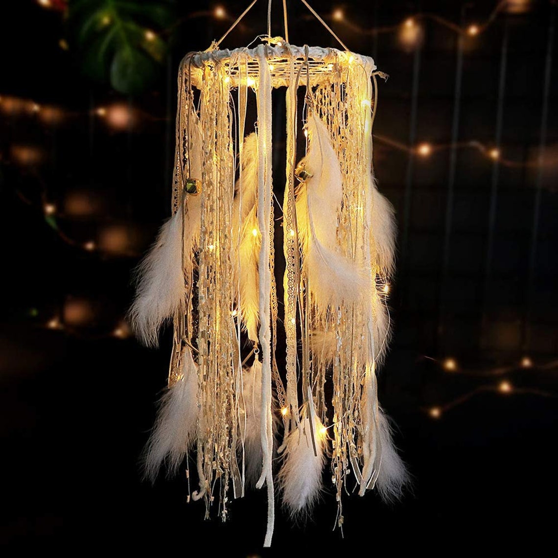 Dream Catcher Mobile/ Light Up Dream Catcher with Golden Lace & Bells/ Hanging Ornaments Feathers Wedding Boho Decorations Nursery Decor