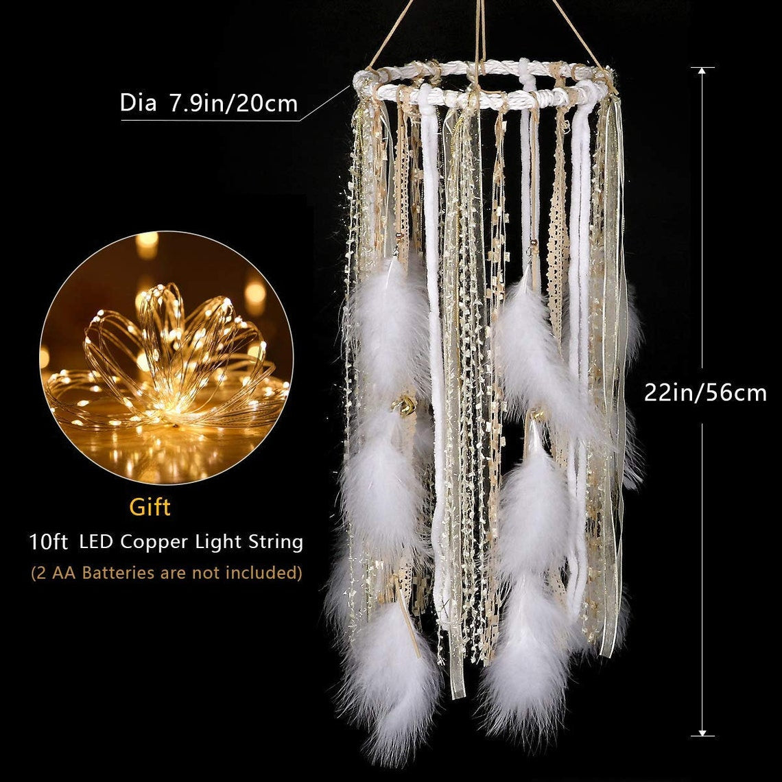 Dream Catcher Mobile/ Light Up Dream Catcher with Golden Lace & Bells/ Hanging Ornaments Feathers Wedding Boho Decorations Nursery Decor