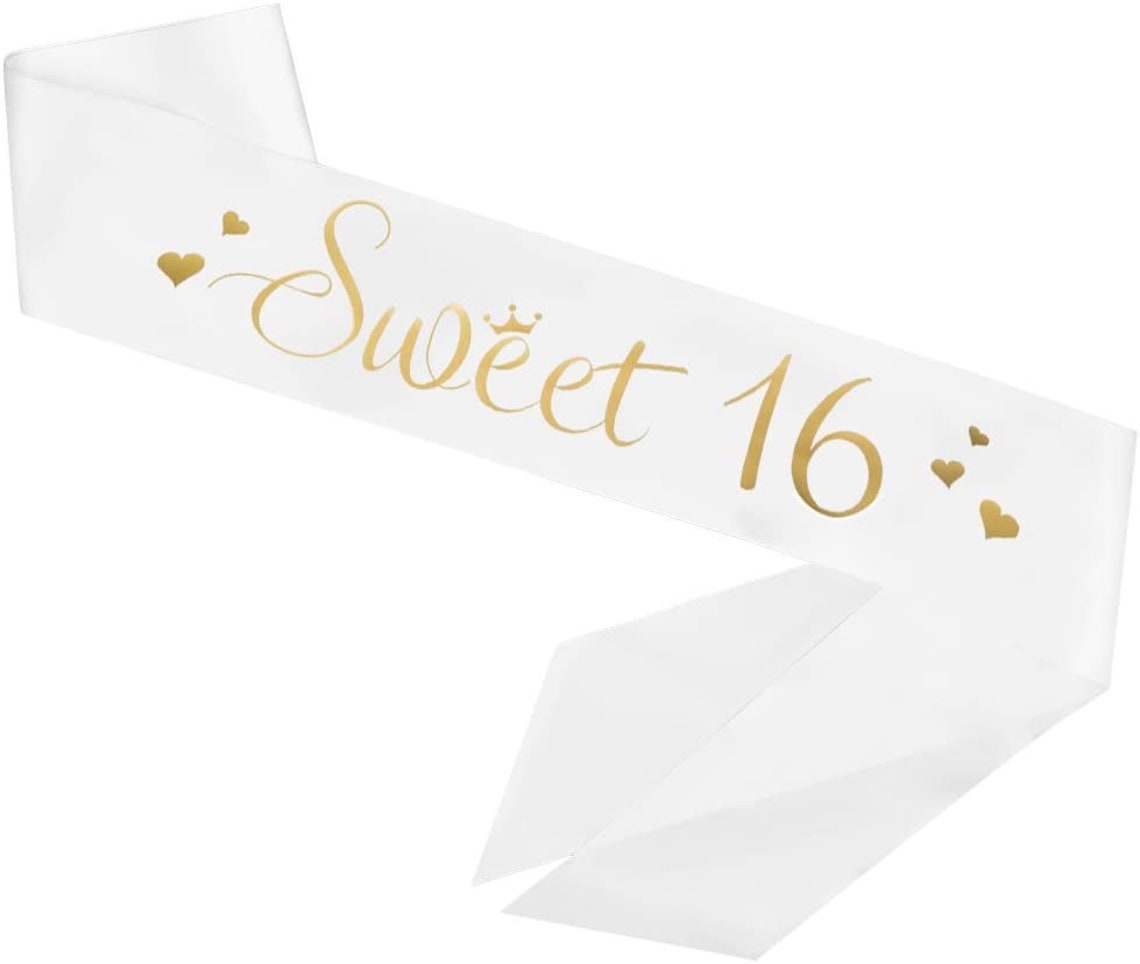 16th Birthday Sash Sweet Sixteen White Satin Ribbon with Gold Lettering Bday Party Favors Party Supplies for Girl Girls Gifts Gift