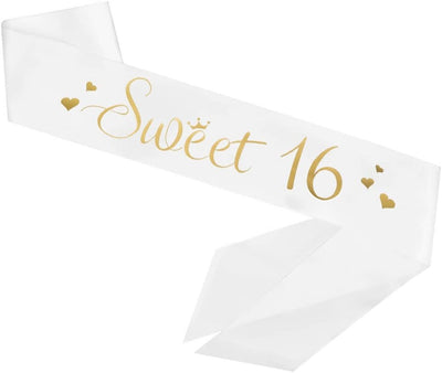 16th Birthday Sash Sweet Sixteen White Satin Ribbon with Gold Lettering Bday Party Favors Party Supplies for Girl Girls Gifts Gift