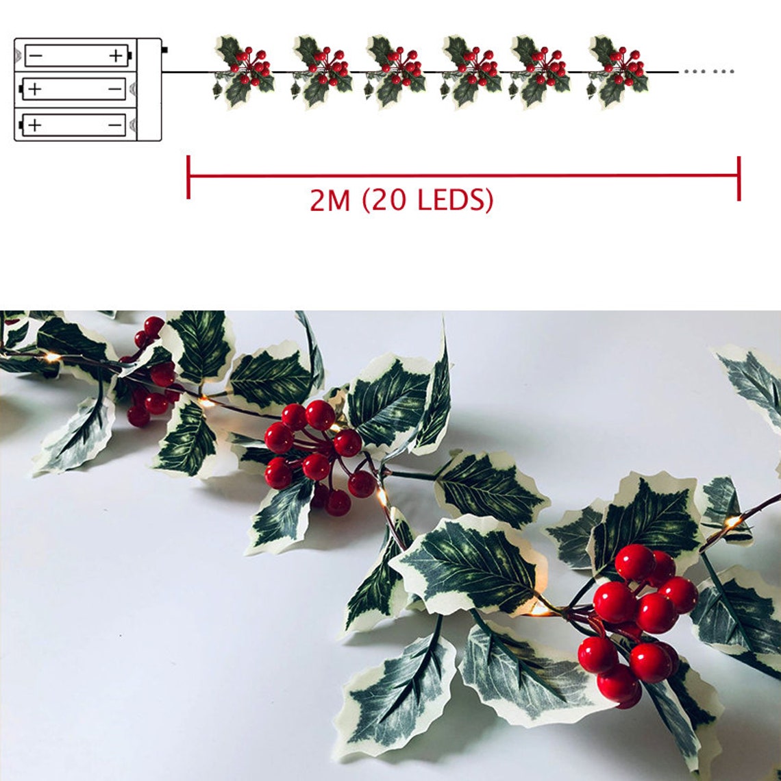 Christmas Garland with Lights 20 LEDs Red Berry Rattan String Lights Thanksgiving Christmas Decorations Garland for Fireplace