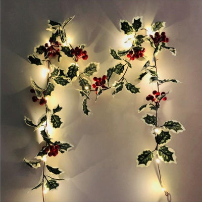 Christmas Garland with Lights 20 LEDs Red Berry Rattan String Lights Thanksgiving Christmas Decorations Garland for Fireplace