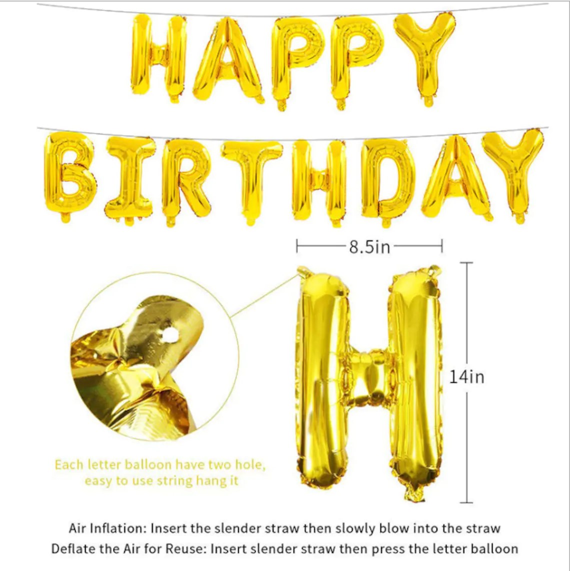 Gold Happy Birthday Balloon Banner 16 in Large Foil Aluminum Bday Letters Balloons Girls Boys Kids Adults Birthday Party Decorations