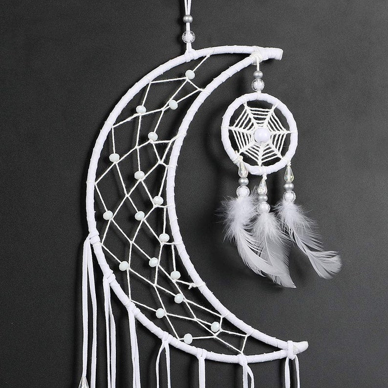 New Moon Dream Catcher White Feather Wall Hanging Dreamcatcher/ Home Decor/ Wedding/ Nursery/ Kids/ Bedroom/ Baby Tent/ Craft Gift