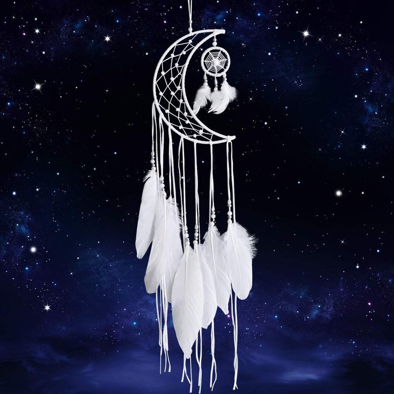 New Moon Dream Catcher White Feather Wall Hanging Dreamcatcher/ Home Decor/ Wedding/ Nursery/ Kids/ Bedroom/ Baby Tent/ Craft Gift