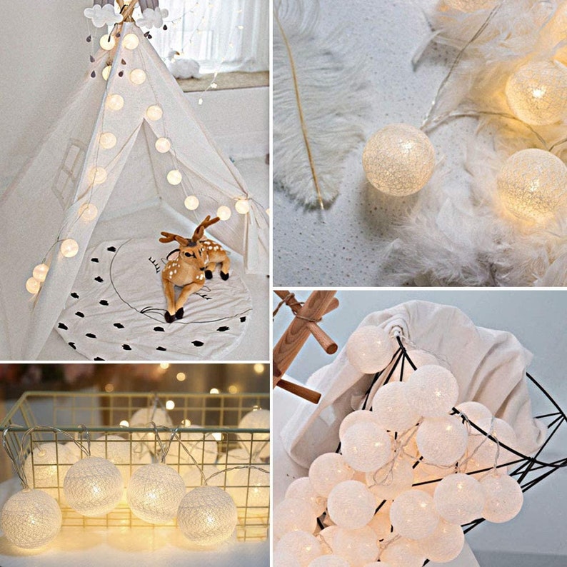 Cotton Balls Fairy Lights 6.8Ft 10 LEDs Christmas Tree Decor Warm White Fairy Light Indoor Kid Bedroom Home Holiday Party Decor