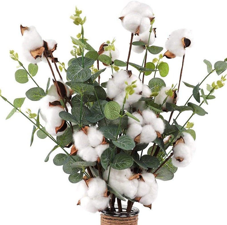 5pcs Cotton Stems Cotton Heads Artificial Eucalyptus Leaves Plants Natural Dried Cotton Home Party Wedding Floral Decoration Farmhouse Style