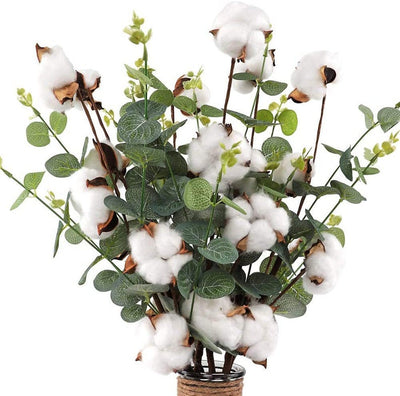 5pcs Cotton Stems Cotton Heads Artificial Eucalyptus Leaves Plants Natural Dried Cotton Home Party Wedding Floral Decoration Farmhouse Style