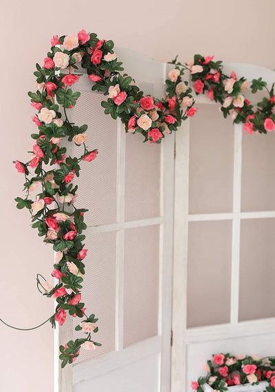 Artificial Silk Rose Rattan Garland Fake Rose Vine Flowers Hanging Rose Ivy Home Hotel Wedding Garden Décor Pink Party Decoration