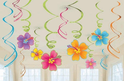 12ct Luau Party Hanging Swirl Decorating Kit Summer Party Supplies Hibiscus Flower Foil Swirl Decorations Tiki Aloha Beach Hawaiian Party