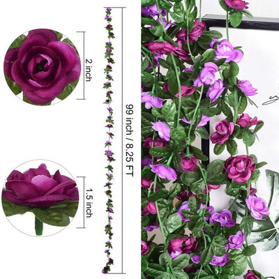 45 Heads Artificial Flower Vines Fake Roses Rattan Ivy Hanging Floral Garland Decor Wedding Arch Birthday Party Event Background Wall Purple