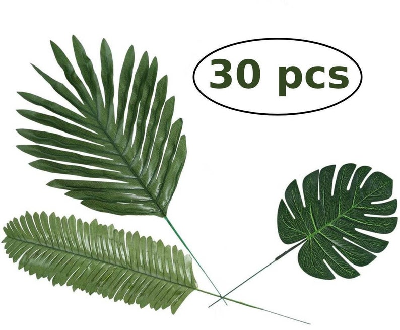 30pcs 3 Kinds Artificial Jungle Leaf Stems Tropical Leaf Decorations Faux Palm Leaves Leaves Hawaiian Jungle Luau Party Decorations Home