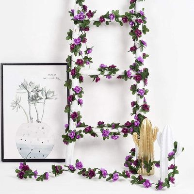 45 Heads Artificial Flower Vines Fake Roses Rattan Ivy Hanging Floral Garland Decor Wedding Arch Birthday Party Event Background Wall Purple