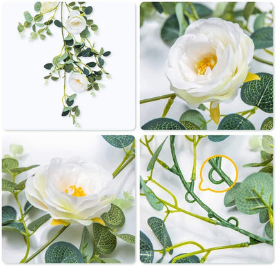 6FT Eucalyptus Garland Rose Flowers White Pink Rose Vine Greenery Floral Garland Wedding Table Mantle Wall Backdrop Arch Decor