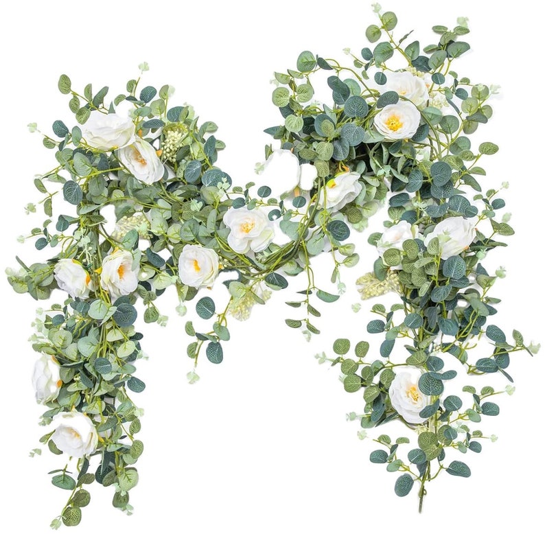 6FT Eucalyptus Garland Rose Flowers White Pink Rose Vine Greenery Floral Garland Wedding Table Mantle Wall Backdrop Arch Decor