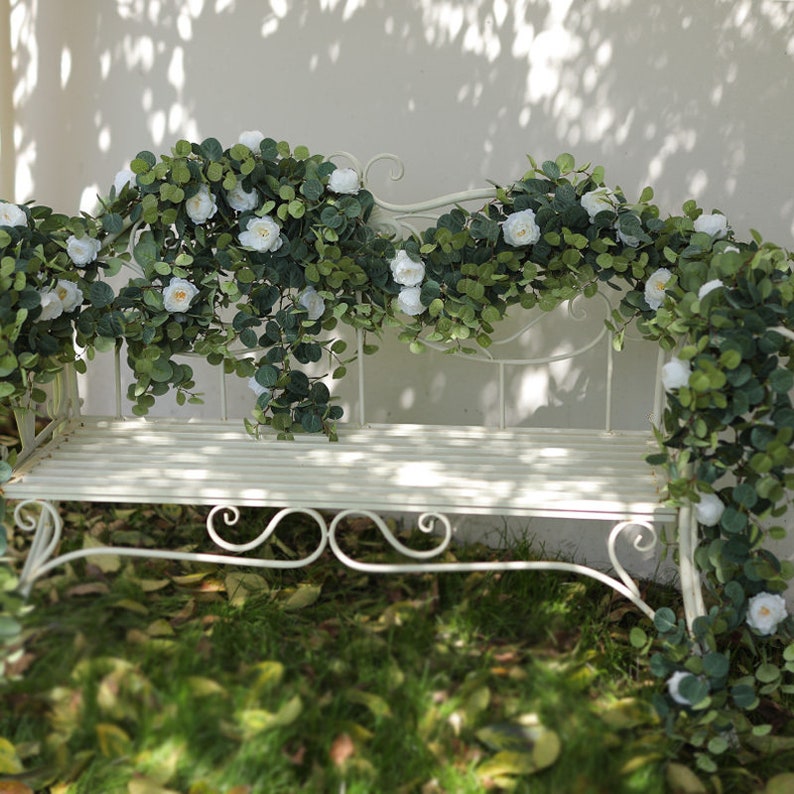 6FT Eucalyptus Garland Rose Flowers White Pink Rose Vine Greenery Floral Garland Wedding Table Mantle Wall Backdrop Arch Decor