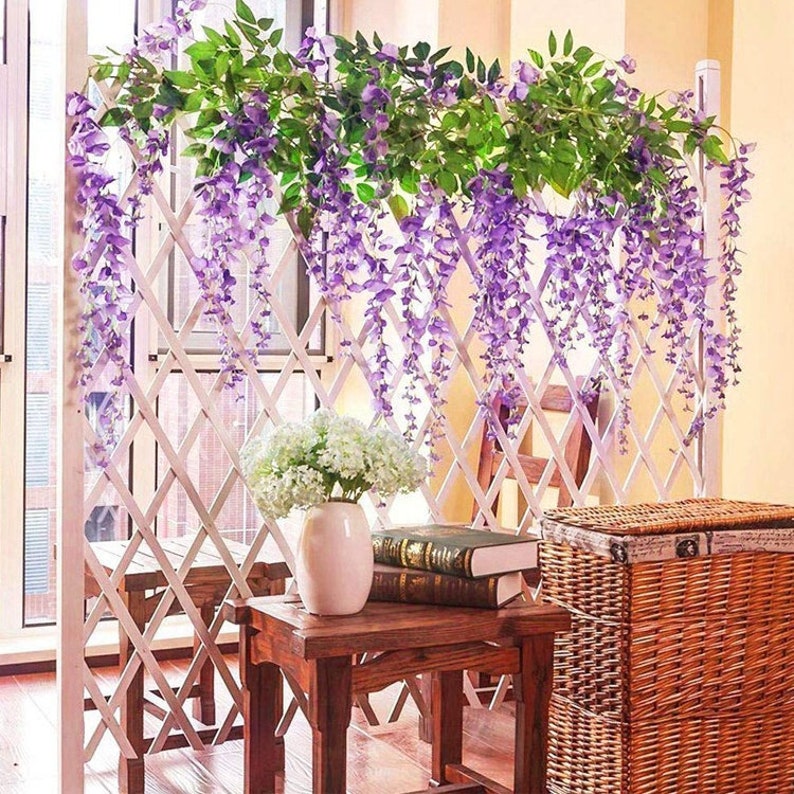 12 Pack 3.6 Feet/Piece Artificial Wisteria Vine Ratta Fake Wisteria Hanging Garland Silk Long Hanging Bush Flowers String Wedding Home Decor (Purple)
