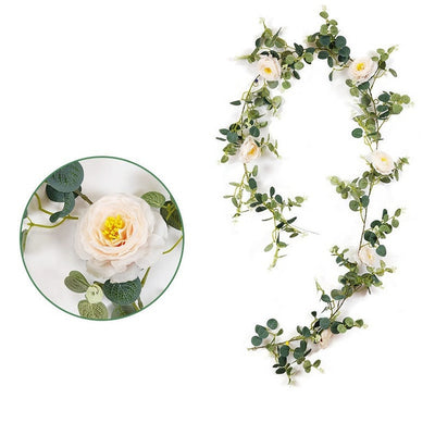 6FT Eucalyptus Garland Rose Flowers White Pink Rose Vine Greenery Floral Garland Wedding Table Mantle Wall Backdrop Arch Decor