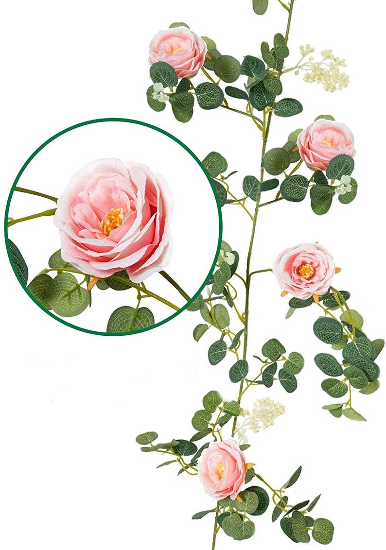 6FT Eucalyptus Garland Rose Flowers White Pink Rose Vine Greenery Floral Garland Wedding Table Mantle Wall Backdrop Arch Decor