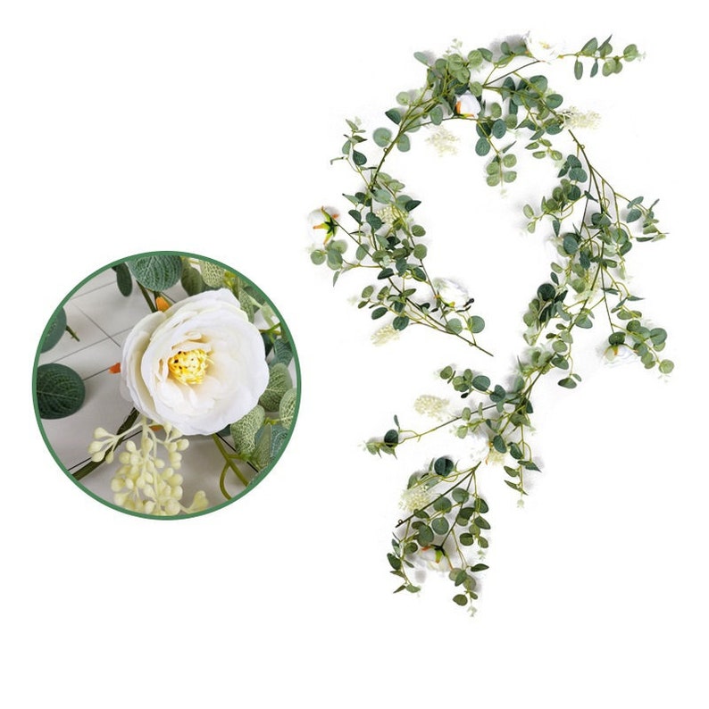 6FT Eucalyptus Garland Rose Flowers White Pink Rose Vine Greenery Floral Garland Wedding Table Mantle Wall Backdrop Arch Decor