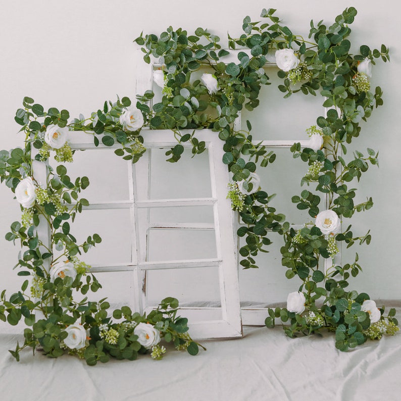 6FT Eucalyptus Garland Rose Flowers White Pink Rose Vine Greenery Floral Garland Wedding Table Mantle Wall Backdrop Arch Decor